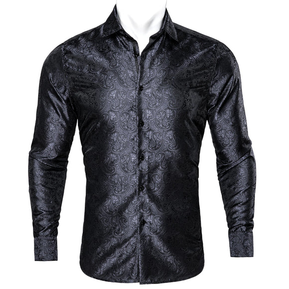  Barry Wang Luxury Black Paisley Silk Shirts Men's Long Sleeve Casual Flower Silver Shirts Designer Fit Dress MartLion - Mart Lion