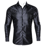 Barry Wang Luxury Black Paisley Silk Shirts Men's Long Sleeve Casual Flower Silver Shirts Designer Fit Dress MartLion   