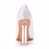 White Women Block Transparent 9 cm High Heels Lady Satin Clear Pumps Wedding Dress Silk Shoes MartLion   