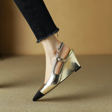 Spring Women Sandals Genuine Leather Shoes Pointed Toe Wedges Heels Ladies Golden Sliver MartLion   