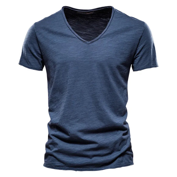 Cotton Men's T-shirt V-neck Design Slim Fit Soild Tops Tees Short Sleeve MartLion   