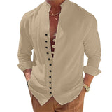 Men's Casual Shirts Linen Tops Loose and Comfortable Long Sleeve Beach Hawaiian Shirts MartLion khaki1 S 