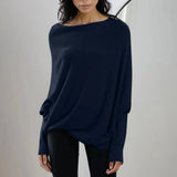 Womens Long  Sleeve Neck Tunic Tops  Fall Baggy Slouchy Pullover Sweaters Off The Shoulder Sweater MartLion Dark Blue S 