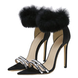 Liyke Black Fluffy Feather Sandals Women Crystal Pointed Open Toe Banquet High Heels Shoes Mart Lion Black 35 