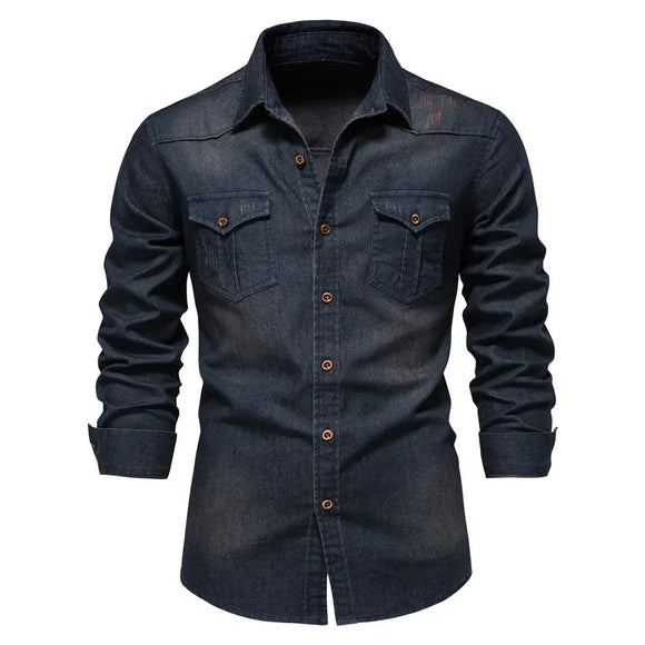 Brand Elastic Cotton Denim Shirt Men's Long Sleeve Cowboy Shirts Casual Slim Fit Designer Clothing MartLion Navy USA S 50-60 kg 