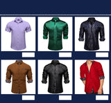 Stretch Satin Blue Men's Short Sleeve Shirts Solid Red Yellow Green Turn-down Collar Casual Social T shirts Clothing MartLion   