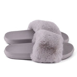 Summer indoor shoes ladies flat solid color open toe flip flops fake fur fox fur slippers MartLion   