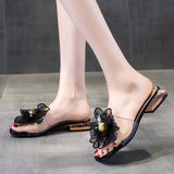 Ladies Slippers Bow Knot Summer String Bead Transparent Slippers Women Shoes Mules Mid Heels Slides Mart Lion   