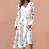 Casual Dresses Unique Mid-Calf Dresses For Women's V-Neck Long Sleeves Printed Frocks MartLion Light Purple S CHINA