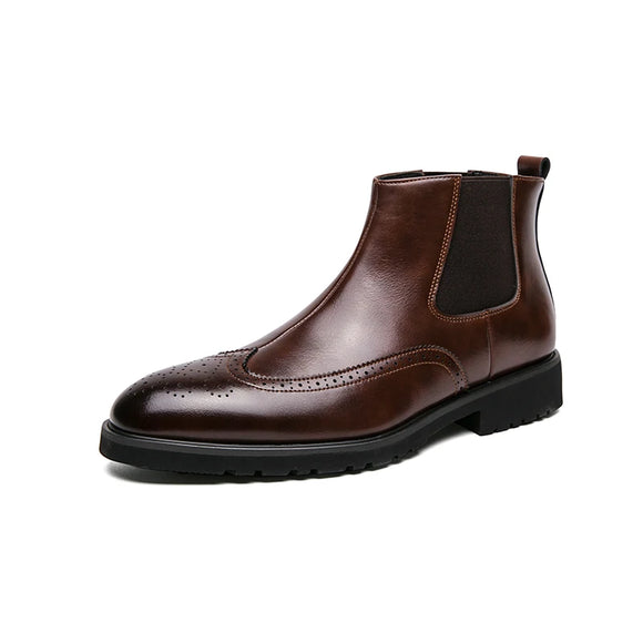  Pointed Toe Leather Brown Men's Dress Shoes High-top Brogue Slip-on Platofrm Ankle Boots MartLion - Mart Lion