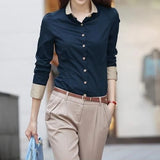 Contrast Patchwork Shirt Tops Long Sleeve Polo Sleeve  Blouse Elegant  Women Clothing MartLion DEEP BLUE S 