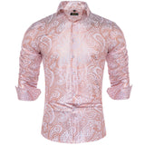 Luxury Gilding Pink Blue Red Paisley Print Silk Dress Shirts for Men's Long Sleeve Social Clothing Tops Slim Fit Blouse MartLion CY-2316 S 