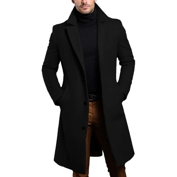 Black Trench Coat For Men's Long Sleeve Single Breasted Overcoat Perfect For Fall And Winter MartLion   