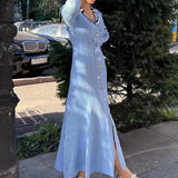 Elegant Slim Knitted Long Dress Women's Letter Single Breasted Long Sleeved MartLion Blue LYQ-266 S 