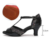 Adult Latin Dance Shoes Sandals Women's Soft Sole Ballroom Indoor Dancing Shoes Medium High Heel 5.5cm Summer MartLion Black heel  5.5cm 43 