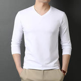 Cotton T-Shirt Men's Plain Solid Color V Neck Long Sleeve Tops Casual Clothing MartLion WHITE XXL 