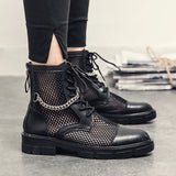 Summer Men's Ankle Boots Punk Rock Mesh Leather Chain Round Toe Breathable Motorcycle Party Casual Shoes Mart Lion - Mart Lion