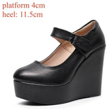 Genuine Leather Shoes Platform Wedges Mary Janes Women Spring High Heels Pumps for Office Model MartLion 11.5cm black velco 36 