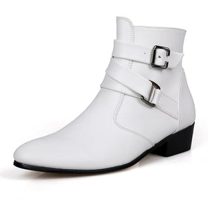 Leather Chelsea Boots Men White Dress Boots Men Casual High top Buckle Strap Formal Shoes Men Motorcycle Boots MartLion