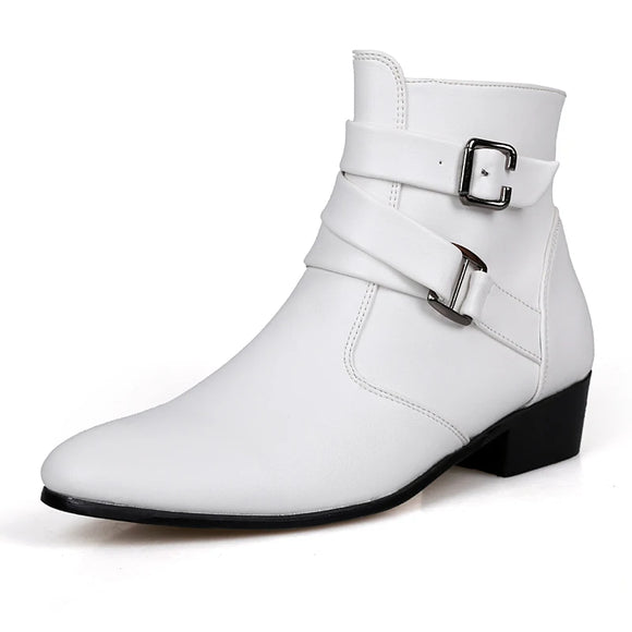 Leather Chelsea Boots Men White Dress Boots Men Casual High top Buckle Strap Formal Shoes Men Motorcycle Boots MartLion