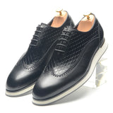 Men's Casual Sneaker Shoes Real Cow Leather Flat Oxfords Lace-up Snake Pattern Wing Tip Toe Brogue Footwear MartLion   