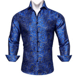 Luxury Blue Shirts Men's Silk Embroidered Paisley Flower Long Sleeve Slim FIT Blouses Casual Tops Lapel Cloth Barry Wang MartLion 0032 S 