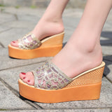 Women Slippers Outdoor Summer Wedge Sandals Mesh Sequin Slide Mujer Verano Beach Slides Platform Slippers Mart Lion gold 35 