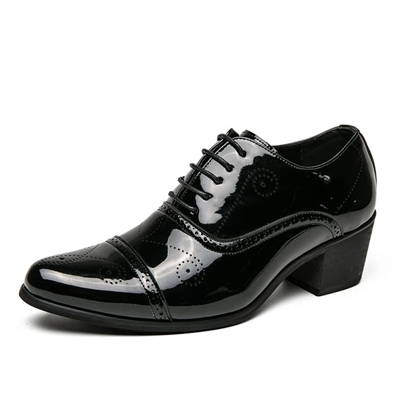 Dress Leather Shoes Men's High Heel 6cm Pointed Toe Brogue Wedding Height Increase Formal Career Work Jazz Dance MartLion Black High Heels 37 