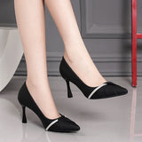 Crystal Stiletto Heels Pumps Women Black White Pu Leather High Heels Shoes Pointed Toe Party MartLion   