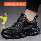 black waterproof work shoes with steel toe anti puncture protective leather safety anti slip work sneakers men's MartLion   