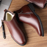 Genuine Leather Chelsea Boots Men's Winter Shoes Plush Warm Zipper Winter Ankle Black MartLion   
