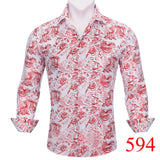 Luxury Shirts Men's Long Sleeve Silk Green Flower Slim Fit Tops Casual Button Down Collar Bloues Breathable Barry Wang MartLion   