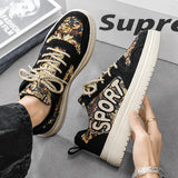 Printed Black Sneakers Men's Women Breathable Canvas Shoes Flat Skateboard Lace-up Platform Casual MartLion   