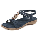 Summer Bohemian Rhinestone Round Head Beach Flat Bottom Women's Sandals MartLion royal blue 42 