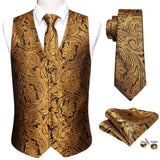 4PC Men's Extra Silk Vest Party Wedding Gold Paisley Solid Floral Waistcoat Vest Pocket Square Tie Suit Set Barry Wang Mart Lion BM-2069 XL 