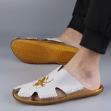 Cow Split Leather Men's Slippers Dragon Embroidery Casual Water Sport Sneakers Beach Flip Flops Outdoor Office Footwear Mart Lion   