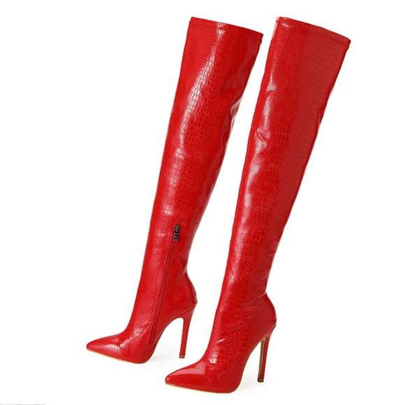 Liyke Design PU Leather Over The Knee Boots Runway Stripper High Heels Pointed Toe Zip Winter Shoes Women Pumps MartLion Red 35 