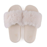 Summer indoor shoes ladies flat solid color open toe flip flops fake fur fox fur slippers MartLion   