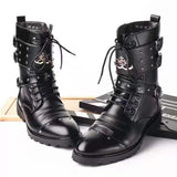 Men's Leather Motorcycle Boots Military Combat Gothic Skull Punk Tactical Basic Mid-calf Work Shoes Mart Lion   