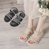 Pearl Rhinestones Flat Sandals Diamonds Flat Shoes Black Beige Crystals Beach Platform Mujer Bing Bling Mart Lion   