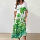 Y2k Daily St Patrick's Day Print Mid-Calf Summer Dress Women Round Neck Short Sleeves Frocks For Girls MartLion Green M CHINA