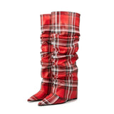 Color Blocking Plaid Pleated Sleeve Long Boots for Women with Slim High Heels and Seasonal MartLion 817-red 47 