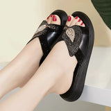 4cm Synthetic Rhinestone Bling Genuine Leather Breathable Summer Chunky Slippers High Platform Wedge Casual Shoes MartLion   