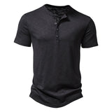 Summer T Shirt Men's Henley Collar White Short Sleeve Casual Slim Tops Tees Solid Color Mart Lion   
