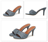  Liyke Style Blue Denim Slippers Women Outdoor Open Toe Low Thin Heels Slides Shoes Metal Designer Sandals Mart Lion - Mart Lion