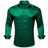 Designer Shirts Men's Silk Satin Dark Green Teal Solid Long Sleeve Button Down Collar Blouses Slim Fit Tops Barry Wang MartLion 0676 S 