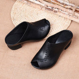 Women Soft Leather Outer Slippers Thick-heeled Fish Mouth Versatile Mid-heeled Sandals Handmade Shoes Mart Lion   