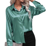 Women Shirts Silk Solid Plain Purple Green White Black Red Blue Pink Yellow Gold Blouses Long Sleeve Tops Barry Wang MartLion 536 S 
