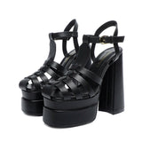 Gothic Thick Sole Sandals Women's Summer Slope Heel Open Toe Gladiator Shoes Hollow out High Heels MartLion Black 42 