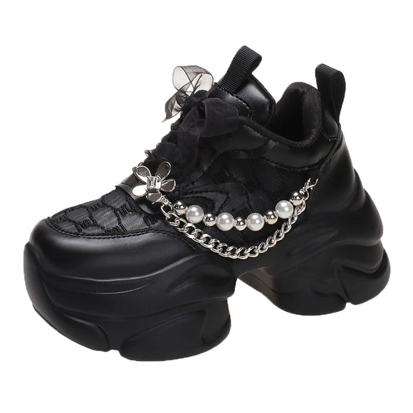 Breathable Platform Sneakers Women's Summer 7CM Lace Mesh Outdoor Sports Dad Shoes Woman Zapatillas De Mujer MartLion black 34 